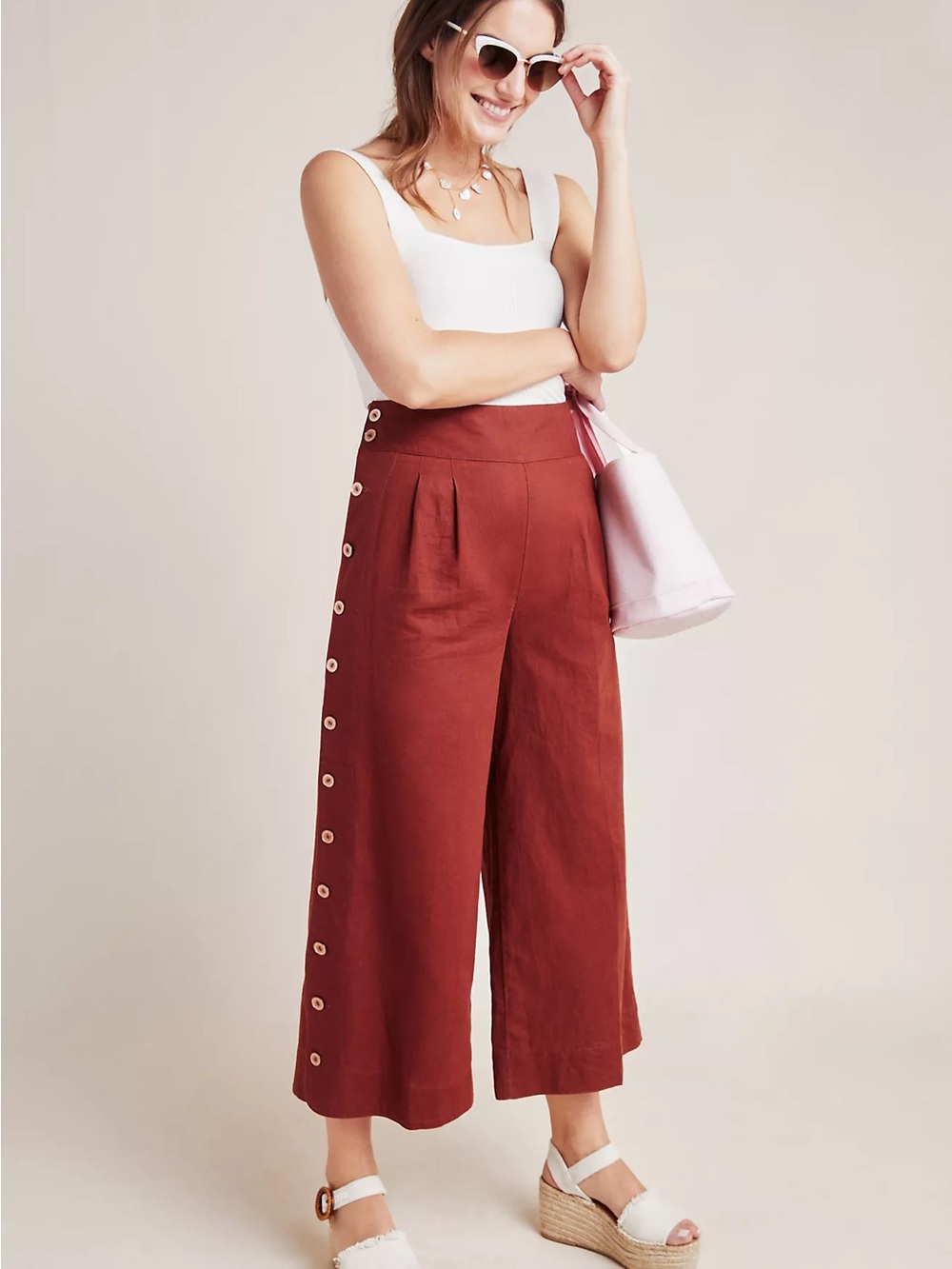 By Anthropologie Rust Linen Blend Side Button Wide Leg Crop Pants